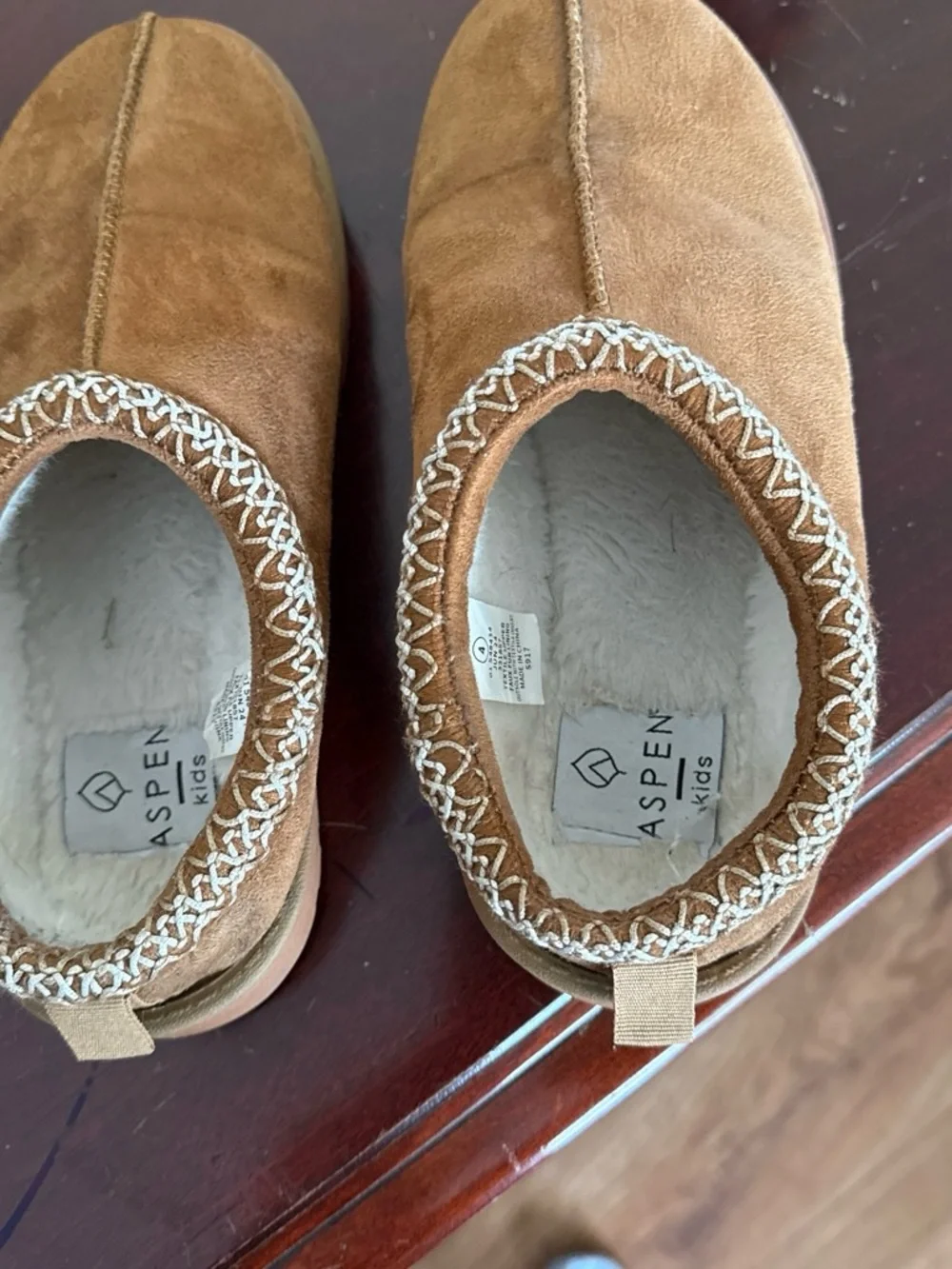 Cozy Kids Suede Moccasin Slippers in Chestnut Brown